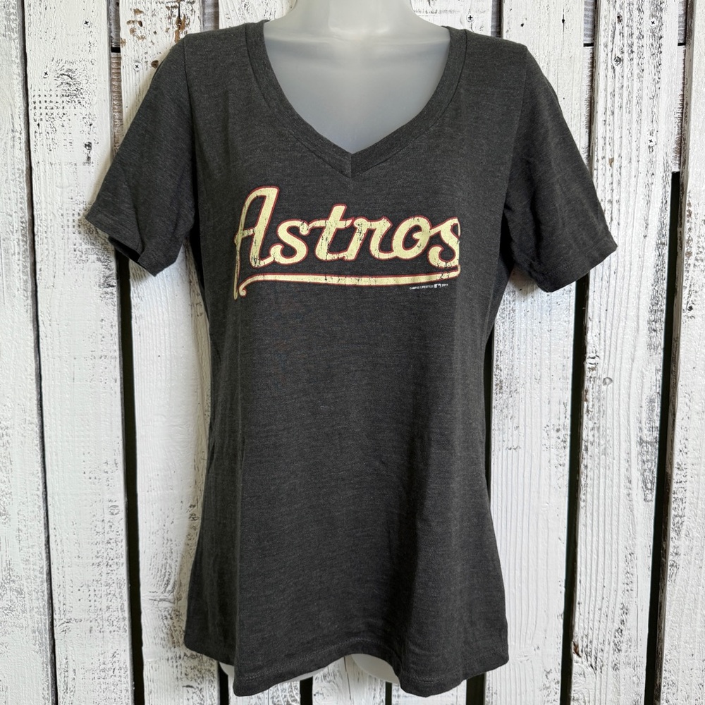 Houston ASTROS‎ Womens V-neck T-shirt Size Large Fitted Gray By Campus Lifestyle